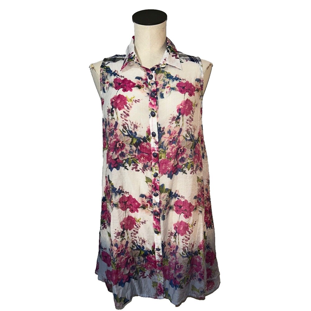 Aratta Silent Journey Women’s Sleeveless Button Up Tunic Top size M Floral Boho